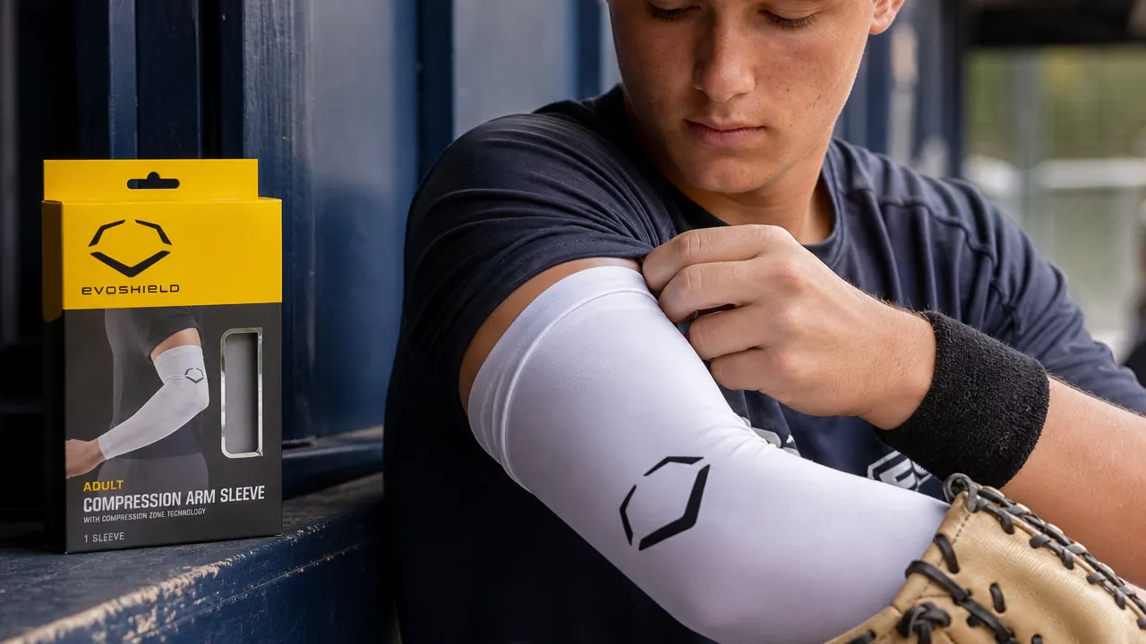 Close-up of a pitcher's arm with a compression sleeve being pulled on before warm-ups