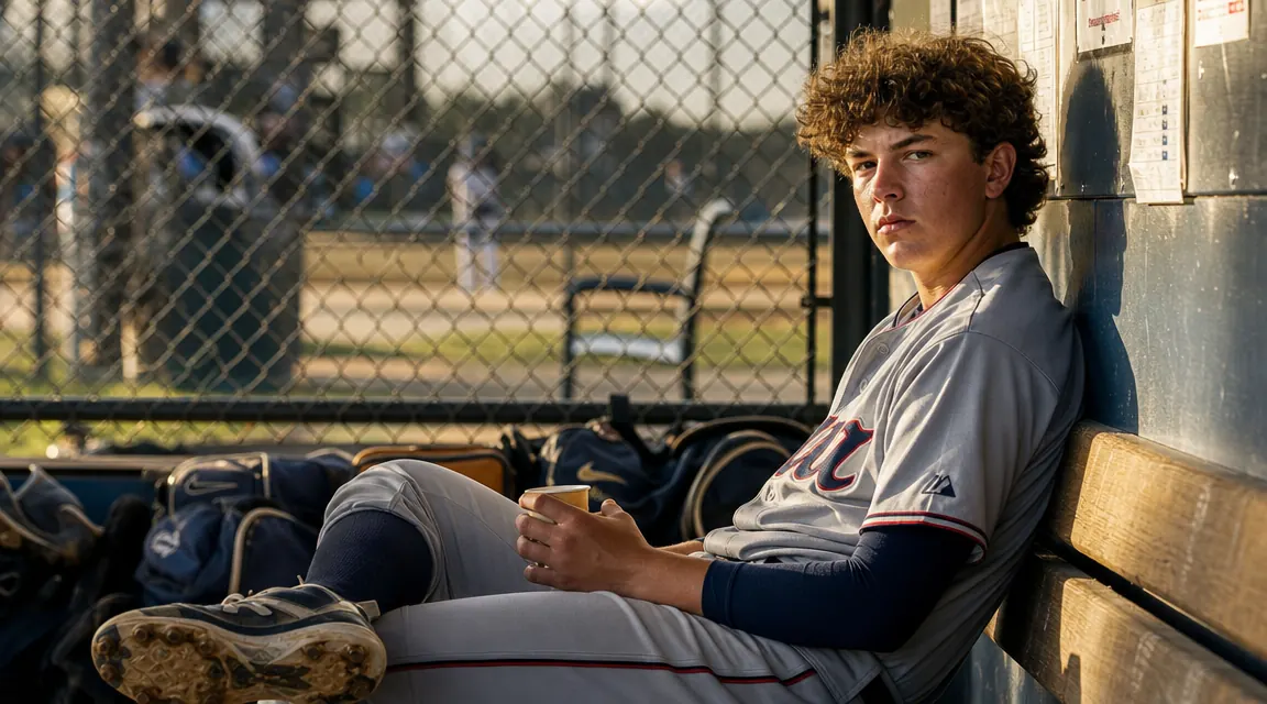 Teen pitcher in dugout with compression arm sleeve on between innings, afternoon ballpark light