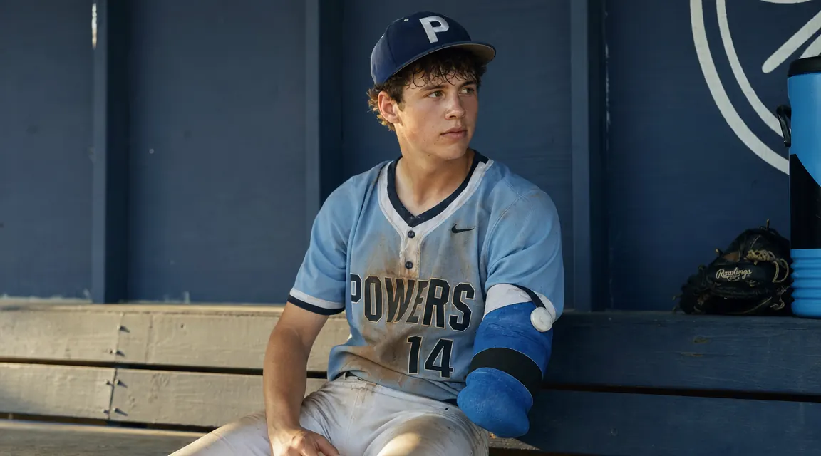 Teen baseball pitcher sitting in dugout after a start with an ice wrap secured around his elbow and shoulder