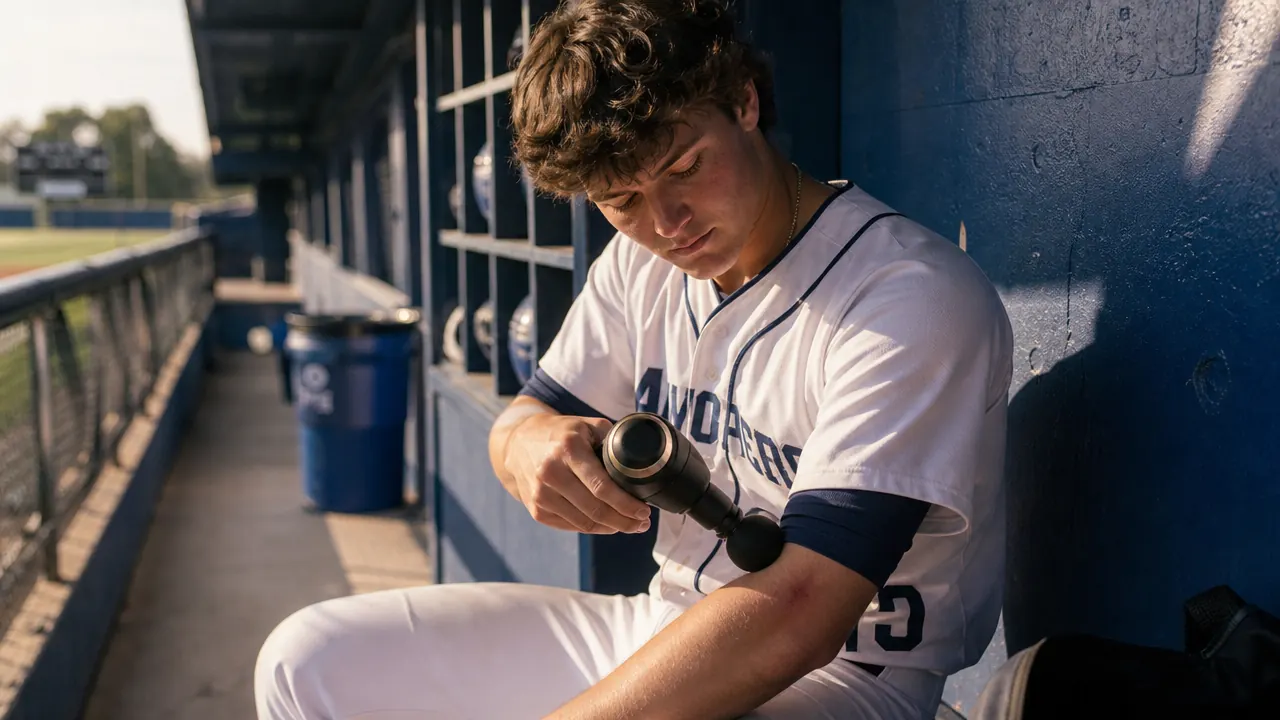 Teen baseball pitcher sitting in dugout holding a small percussion massage gun against his forearm after a game