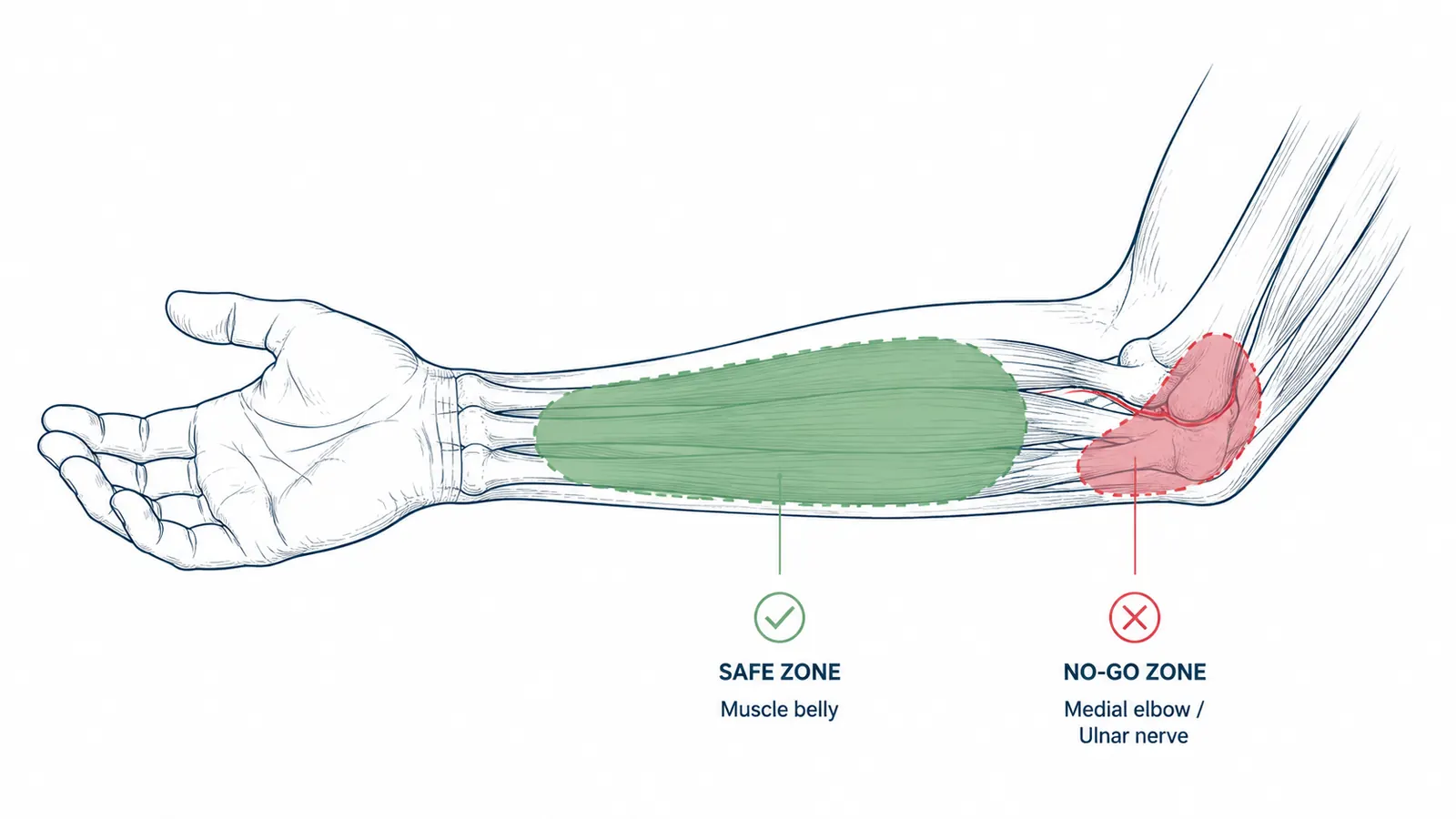 Diagram showing the safe zone and no-go zone on a pitcher's forearm for percussion massage