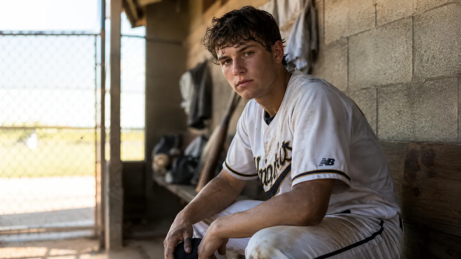Teen pitcher sitting in dugout after a game, looking tired, holding forearm with elbow slightly elevated