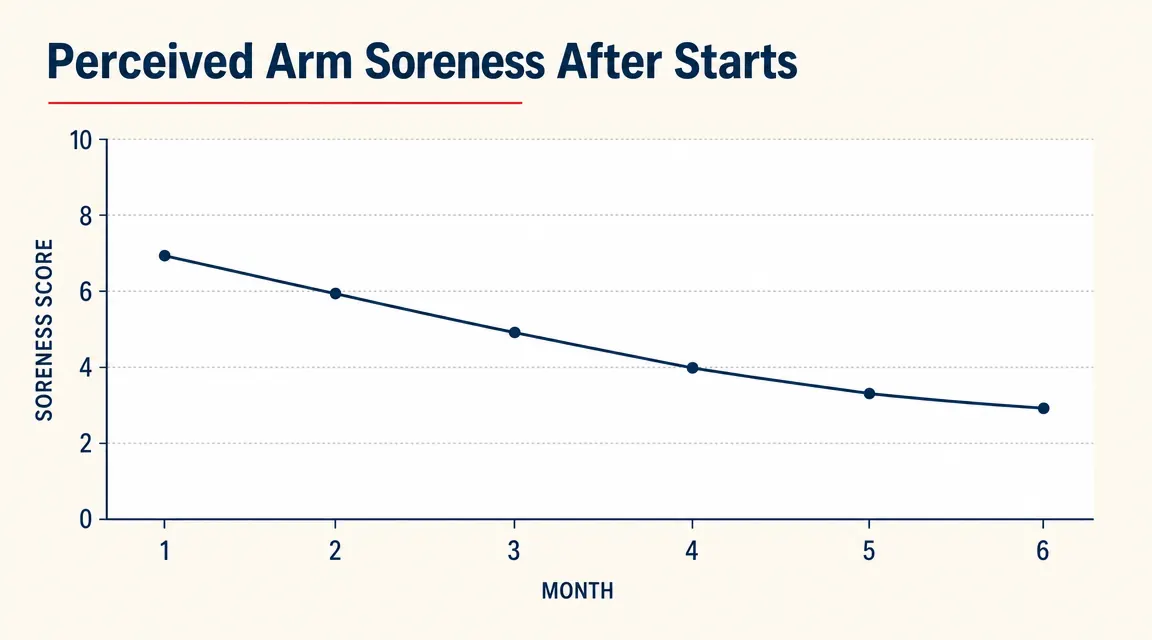 Chart showing perceived arm soreness score over six months of using a percussion massage gun after pitching starts