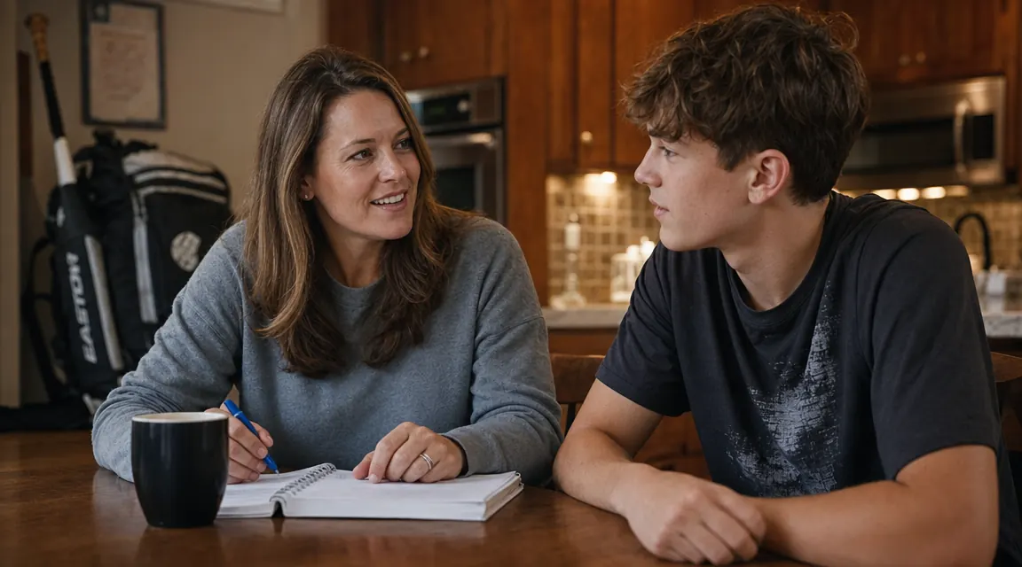 Mom and teen son reviewing a notebook at a kitchen table with baseball gear visible in the background