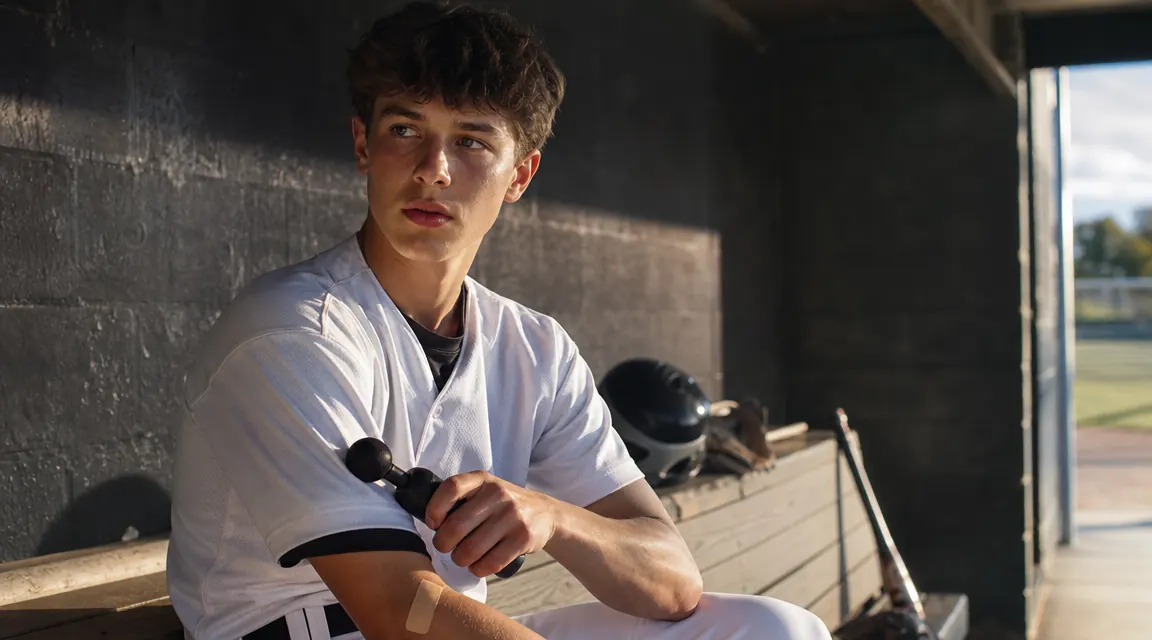 Teen baseball pitcher sitting in dugout with a mini massage gun resting on his forearm after a game