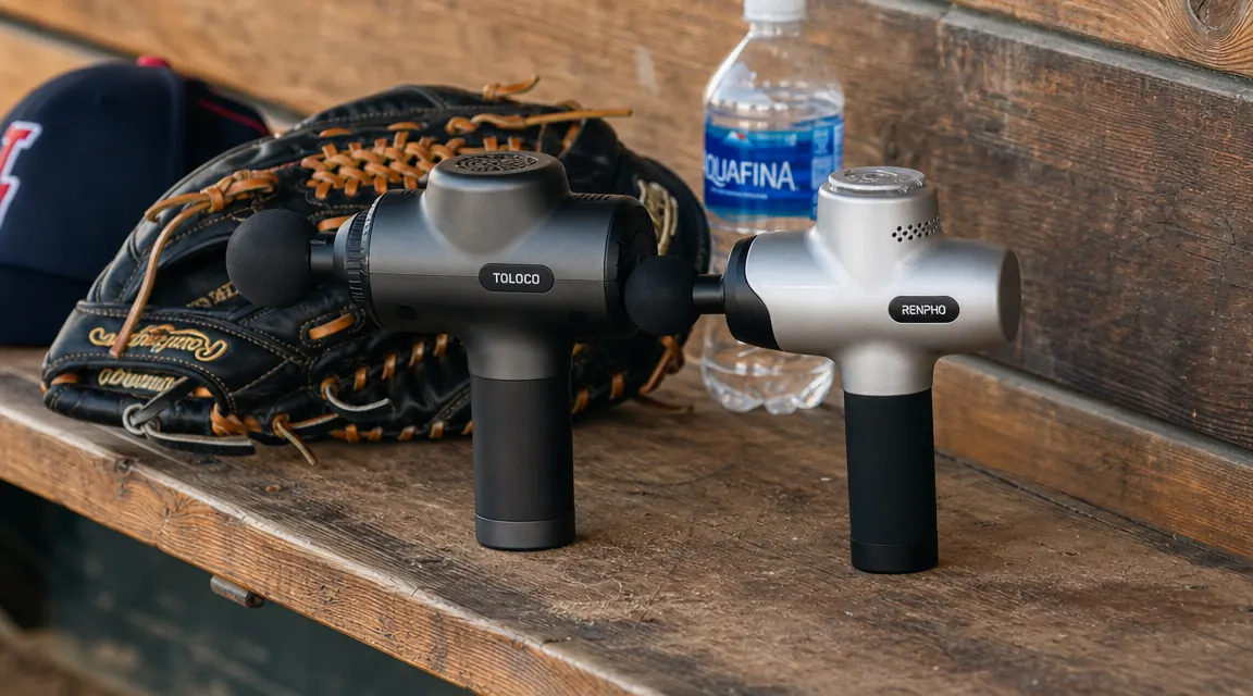 Two compact massage guns resting on a dugout bench beside a baseball glove and water bottle