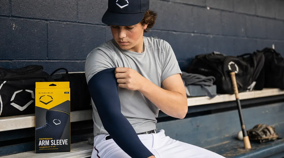 Close-up of a baseball player pulling on an EvoShield arm sleeve before a game