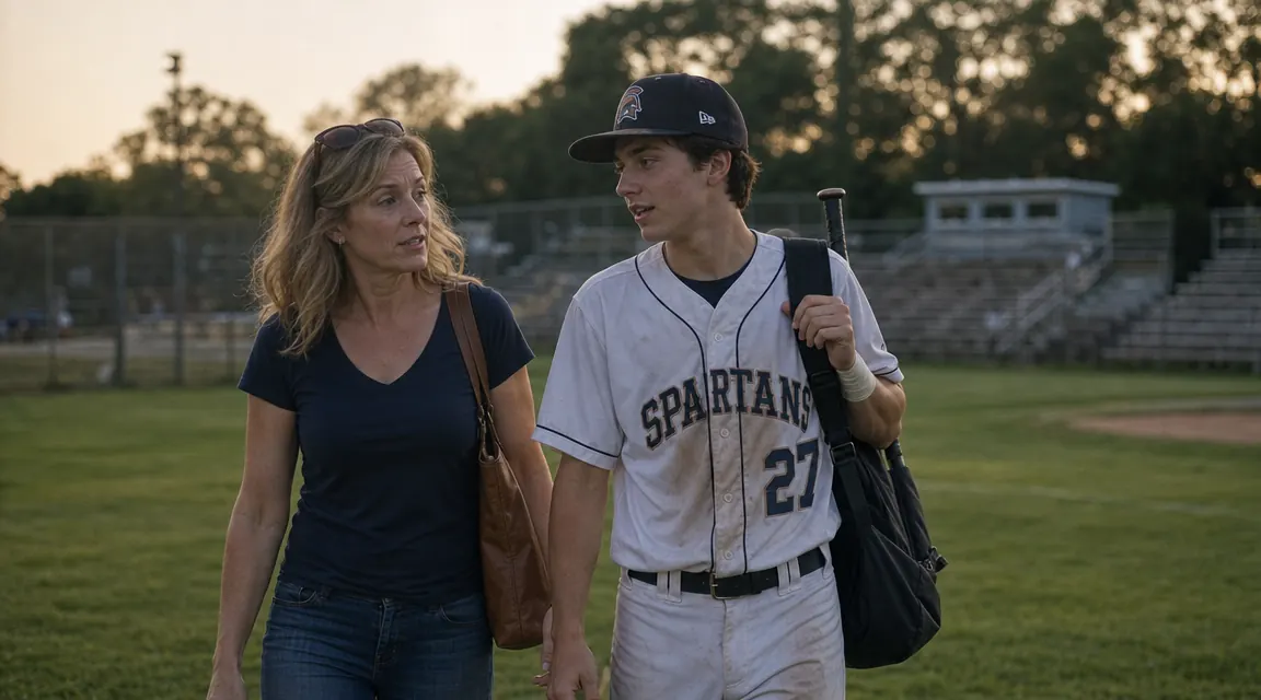 Mother and teenage son walking off a baseball field together after a game, both smiling