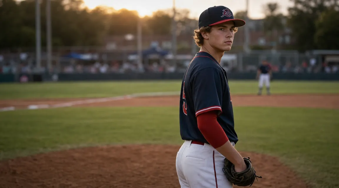 Teen baseball pitcher standing on a mound at dusk wearing a navy compression arm sleeve, glove arm raised