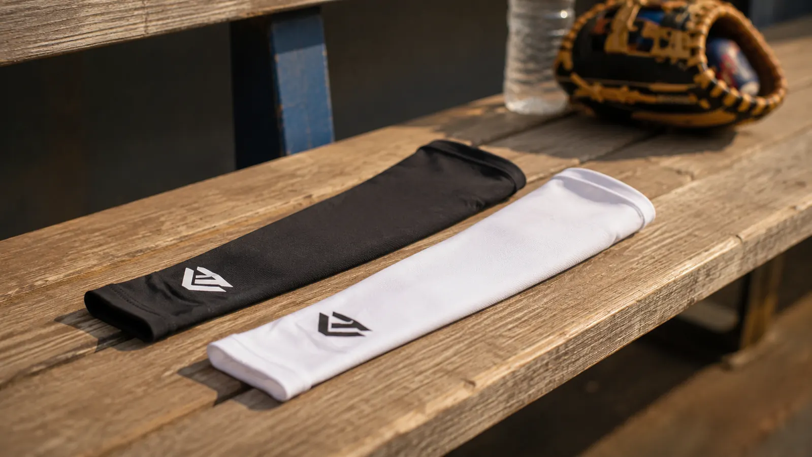 Two compression arm sleeves laid side by side on a dugout bench with baseball equipment in the background