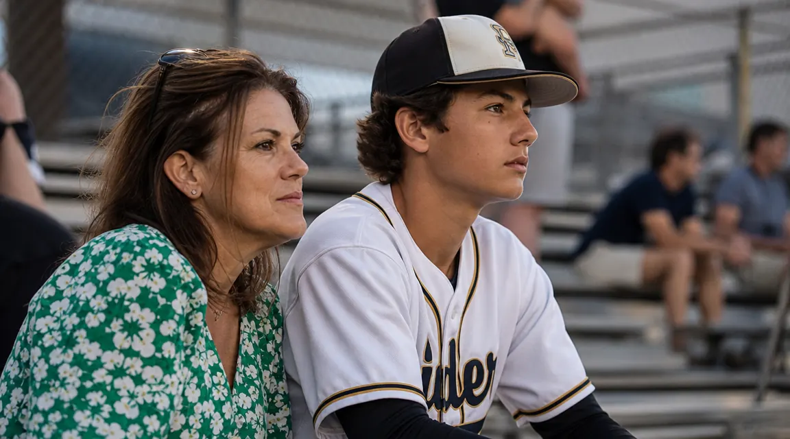 Mom and teen son sitting in aluminum bleachers, mom watching the field, son in full baseball uniform with elbow sleeve, relaxed body language