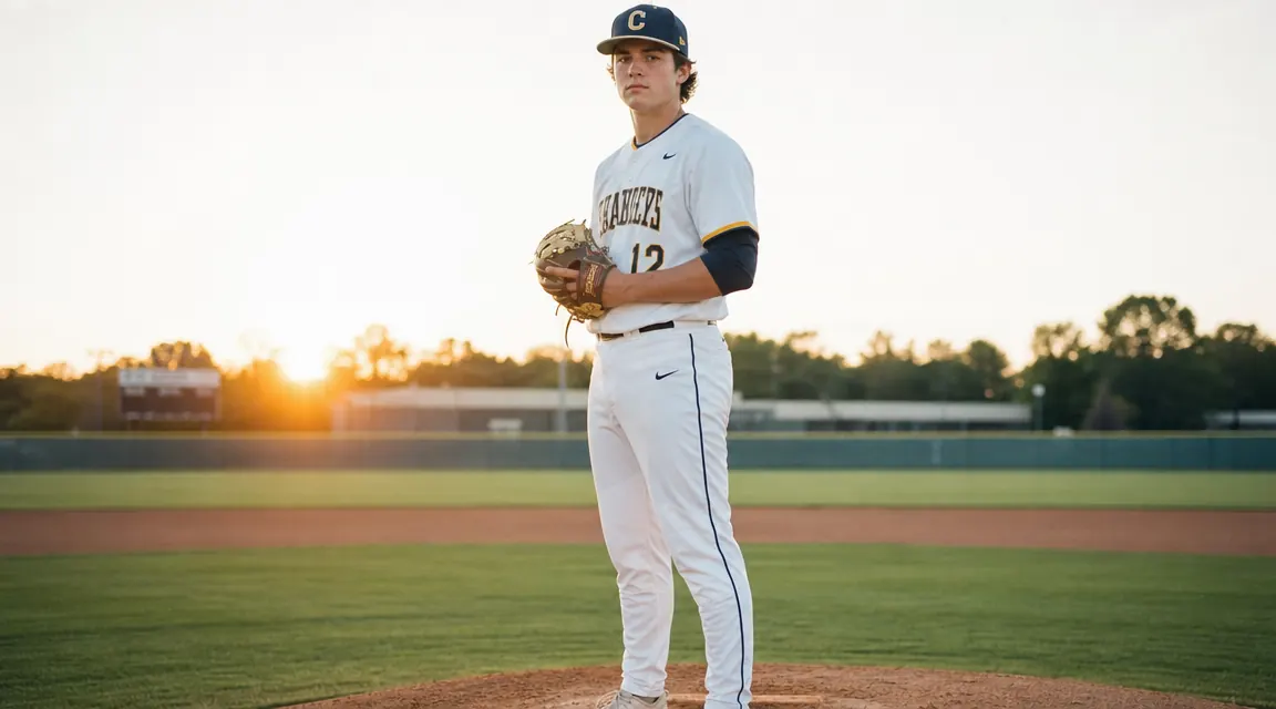 Teen pitcher standing on a mound in early morning light, elbow sleeve visible under his jersey sleeve, looking calm and focused before his windup
