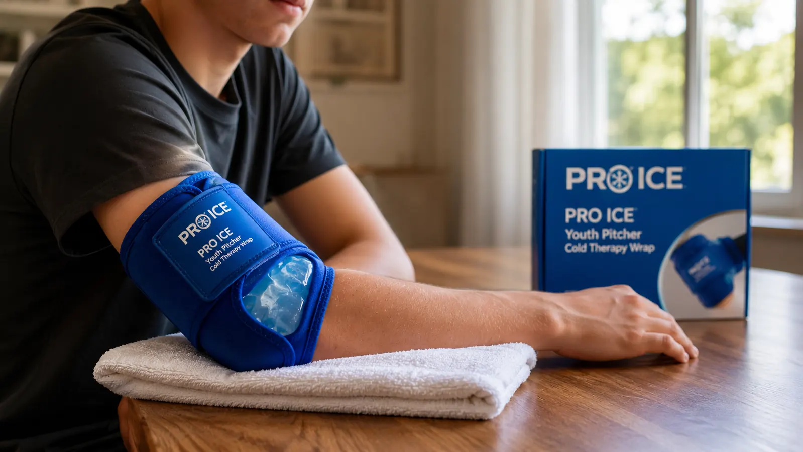 PRO ICE youth pitcher wrap applied to a teen's elbow, showing the fitted cold therapy compression design