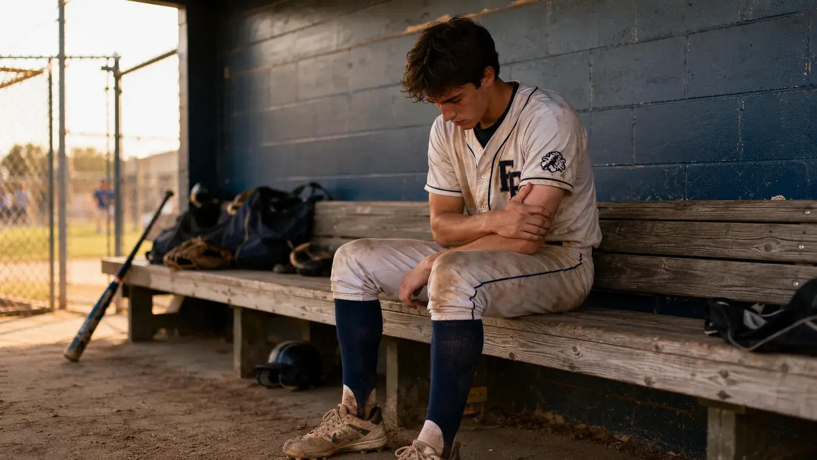 Teen baseball pitcher sitting in dugout holding his elbow after a game, looking tired