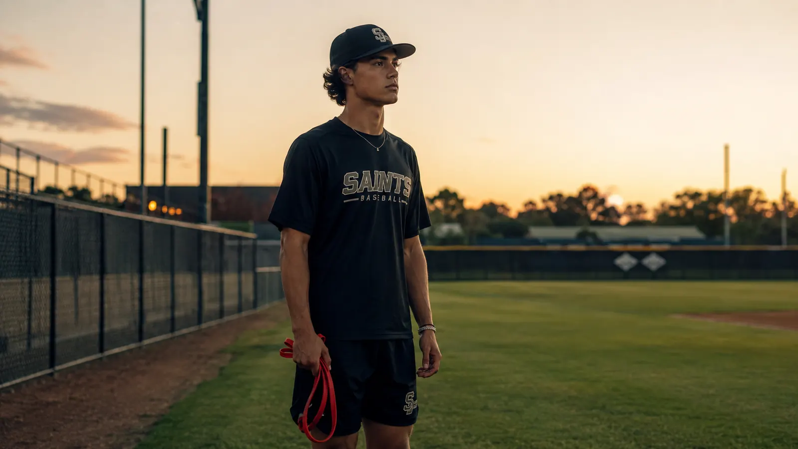 A teenage baseball pitcher standing on a field at dusk holding resistance bands, expression calm and focused