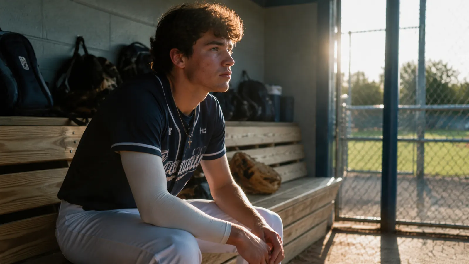 Teen pitcher sitting in dugout between innings, right arm slightly bent and resting, compression sleeve visible from wrist to mid-bicep