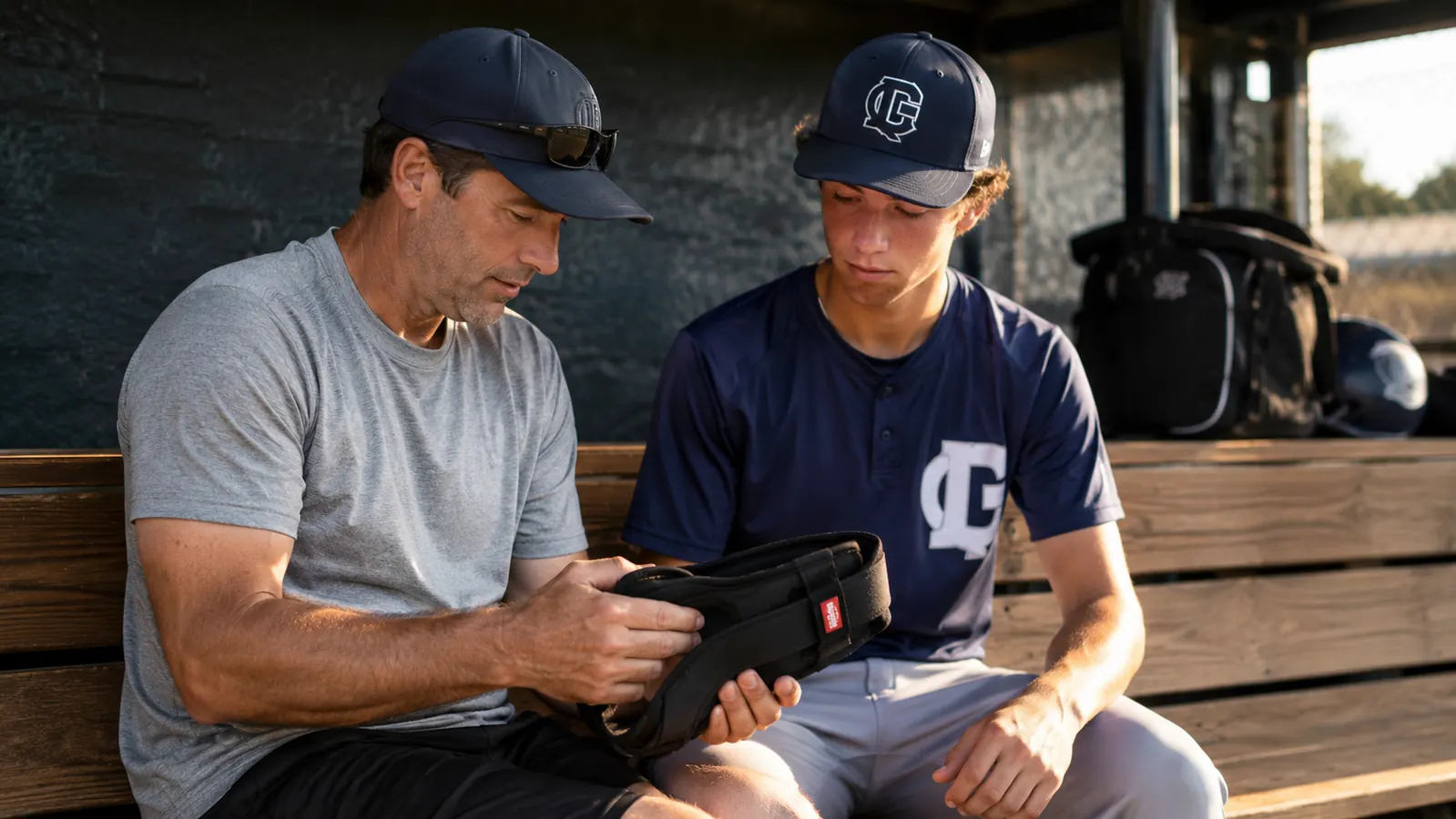 A parent sitting next to a teen baseball pitcher on a dugout bench, looking at an elbow brace together before a game