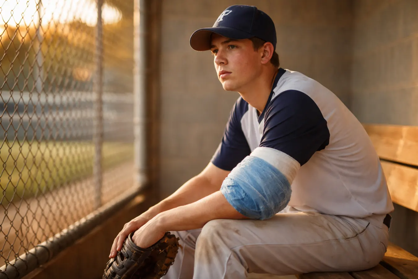 Teen pitcher sitting in dugout with ice wrap on pitching elbow after a game, looking tired but relaxed