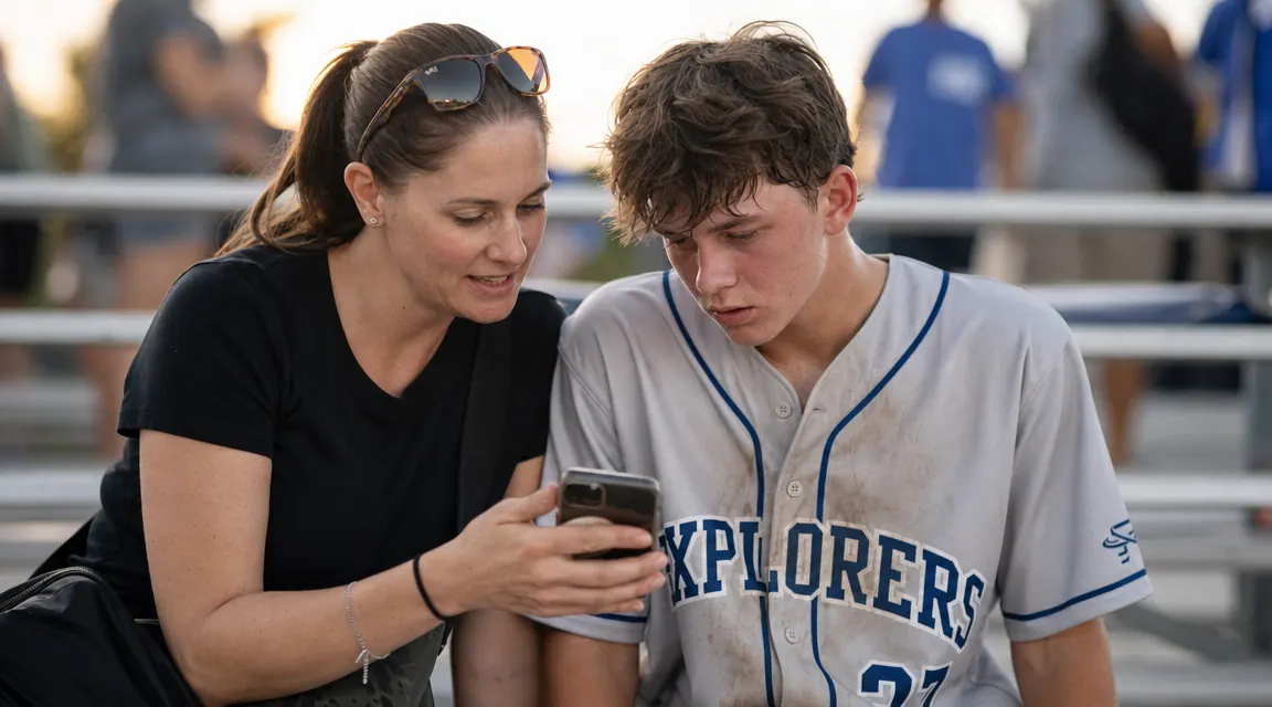Teen pitcher and parent reviewing arm care routine on a phone after a game