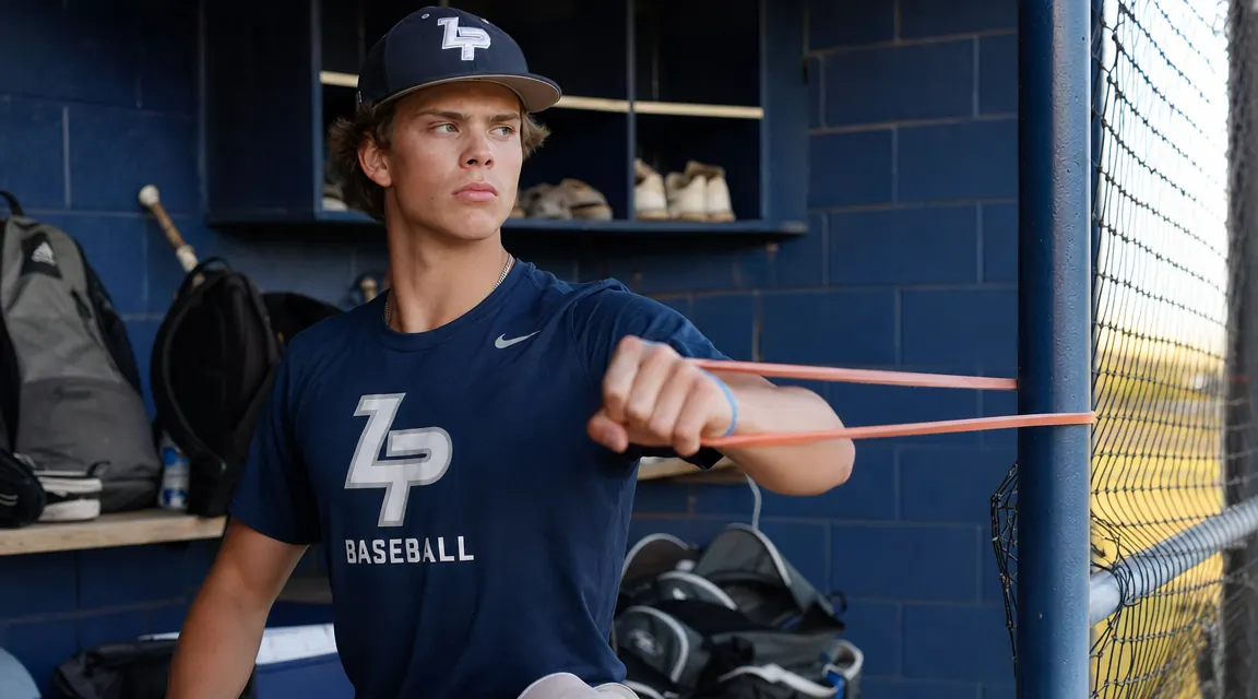 Teen pitcher performing J-Bands shoulder rotation exercise in a dugout before a game
