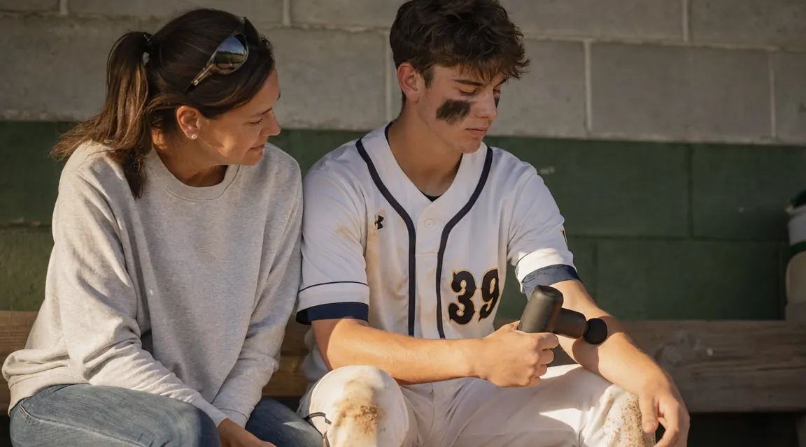 Teen baseball pitcher sitting in dugout after a game holding a small massage gun to his forearm while his mom watches