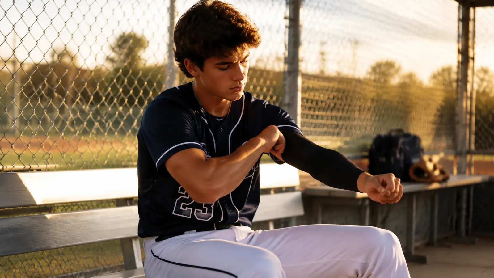 Teen baseball pitcher pulling a compression arm sleeve onto his throwing arm in a dugout before a game, morning light through chain-link fence