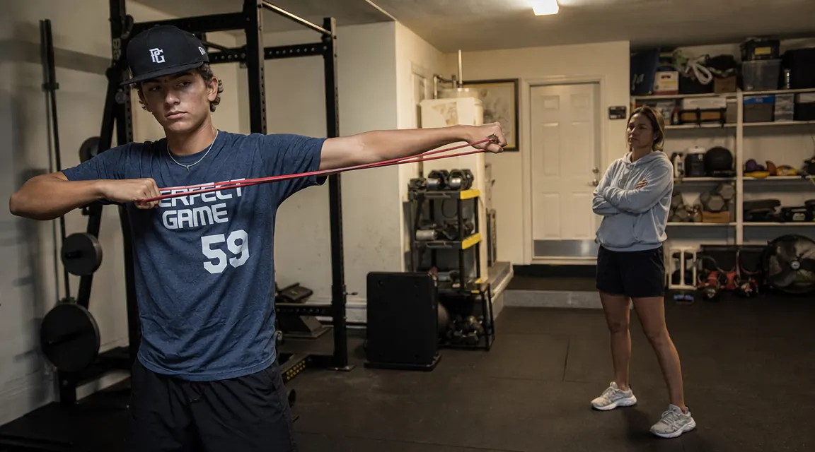Teen pitcher performing arm care band exercises in a garage with a mother watching nearby