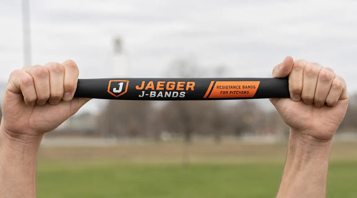 Hands holding Jaeger J-Bands resistance tube showing the loop anchor point and band thickness