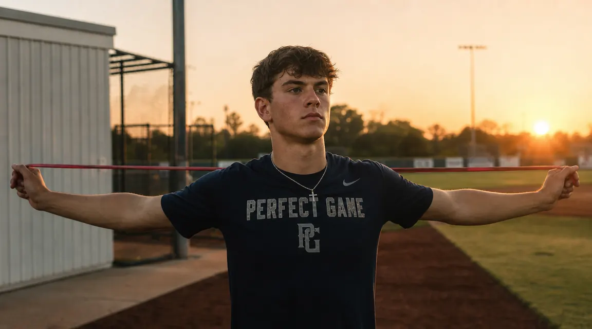 Teen baseball pitcher stretching resistance bands on a baseball diamond at dawn, warm light, focused expression