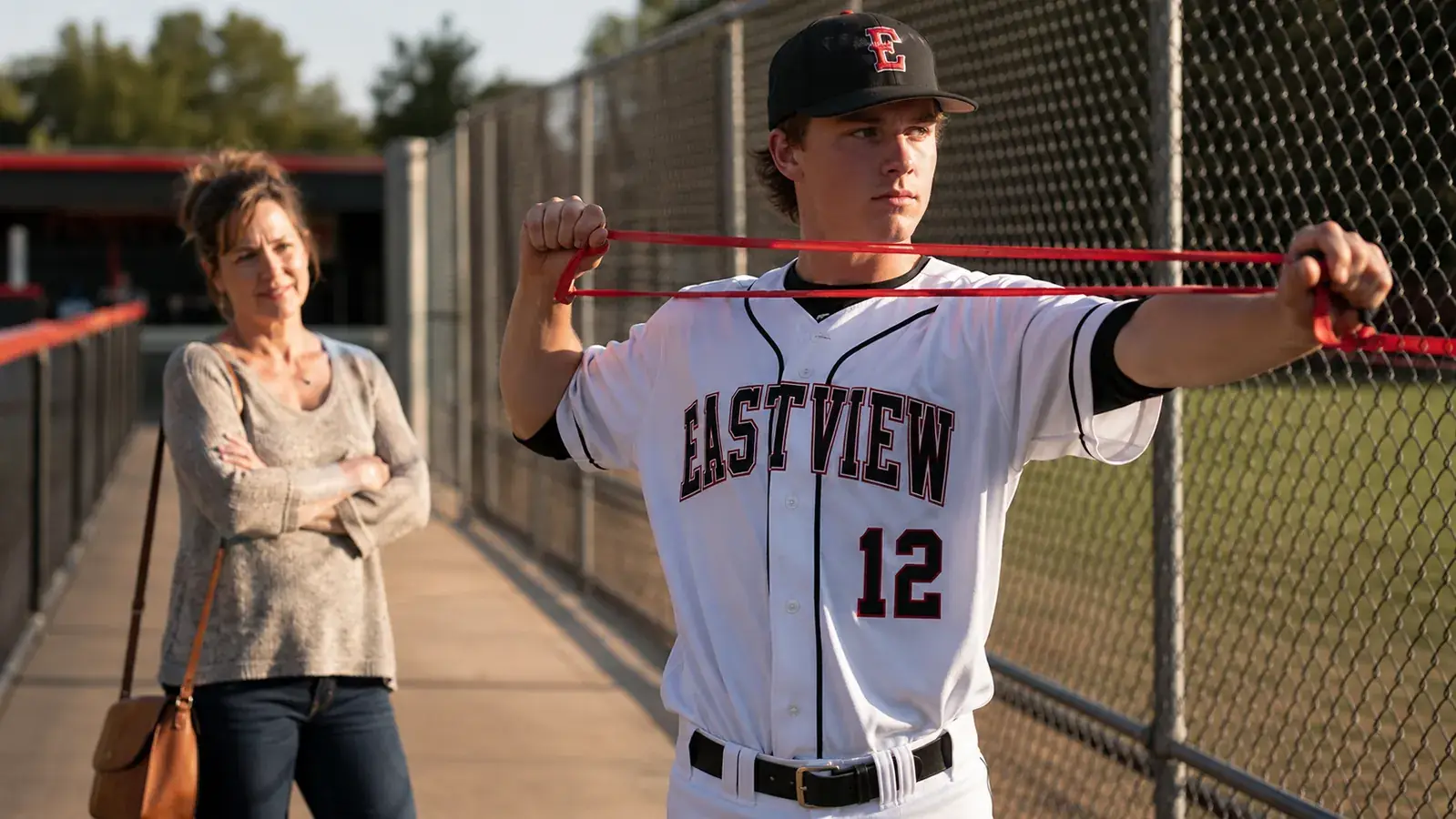 Parent watching teenage son do arm care band exercises at a baseball field during warm-ups