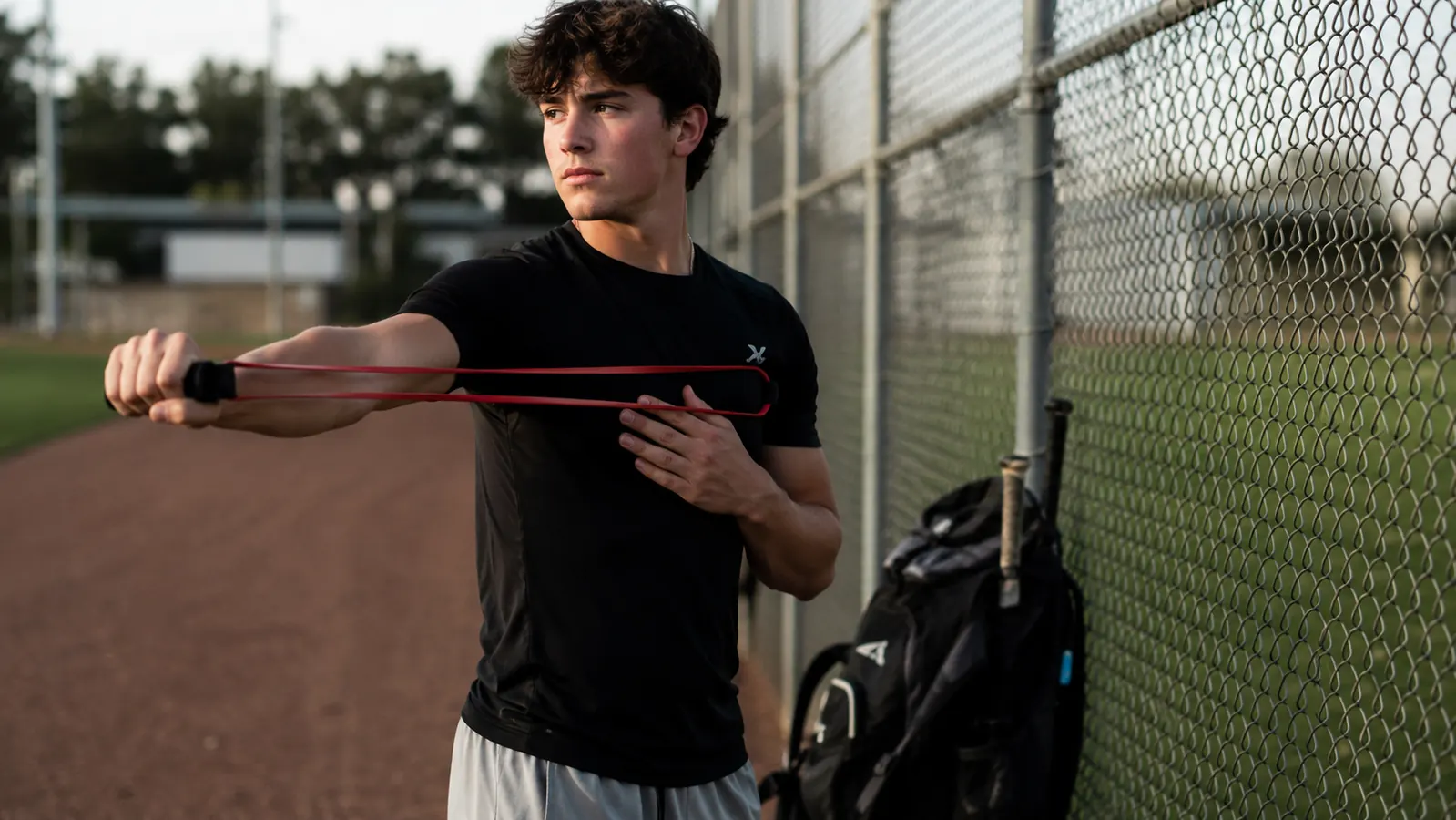 Teen pitcher doing J-Bands resistance band arm care routine in a gym, band looped around a fence post, standing in athletic stance