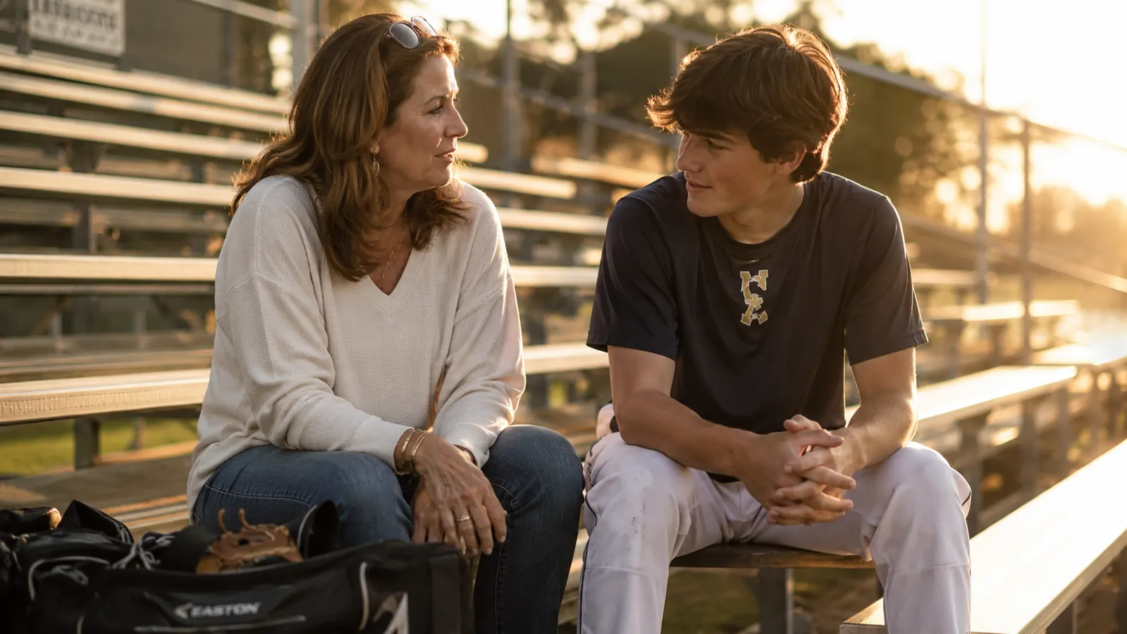 Mom and teen son at a baseball field having a calm conversation in the late afternoon