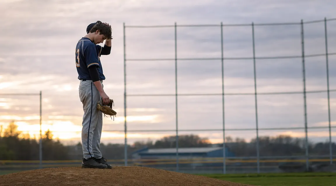 Teenage pitcher standing at mound in early morning light, arm hanging at his side, looking tired between outings
