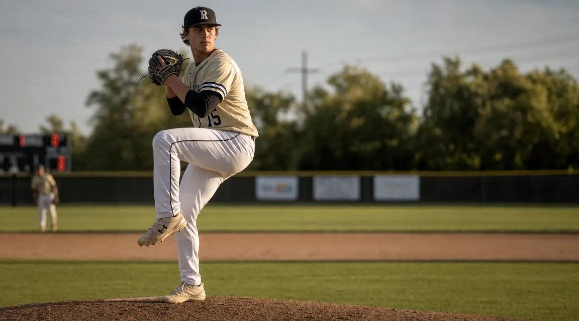 Teen pitcher on mound in warm sunlight, wearing a navy elbow sleeve under his jersey, winding up for a pitch