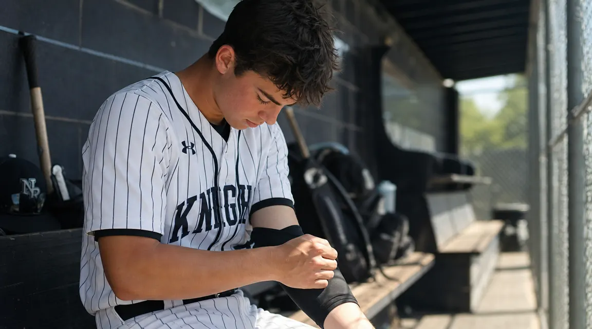 Teenage baseball pitcher adjusting a black elbow compression sleeve in a dugout before a game