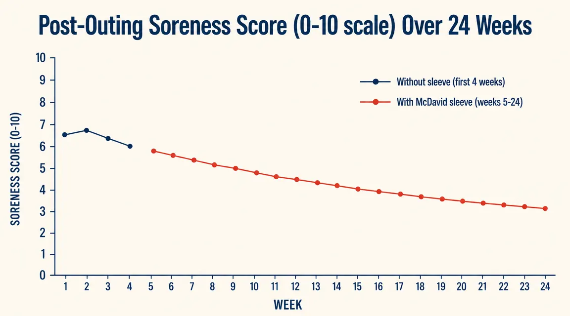 Chart showing post-outing elbow soreness scores over six months with and without the elbow sleeve