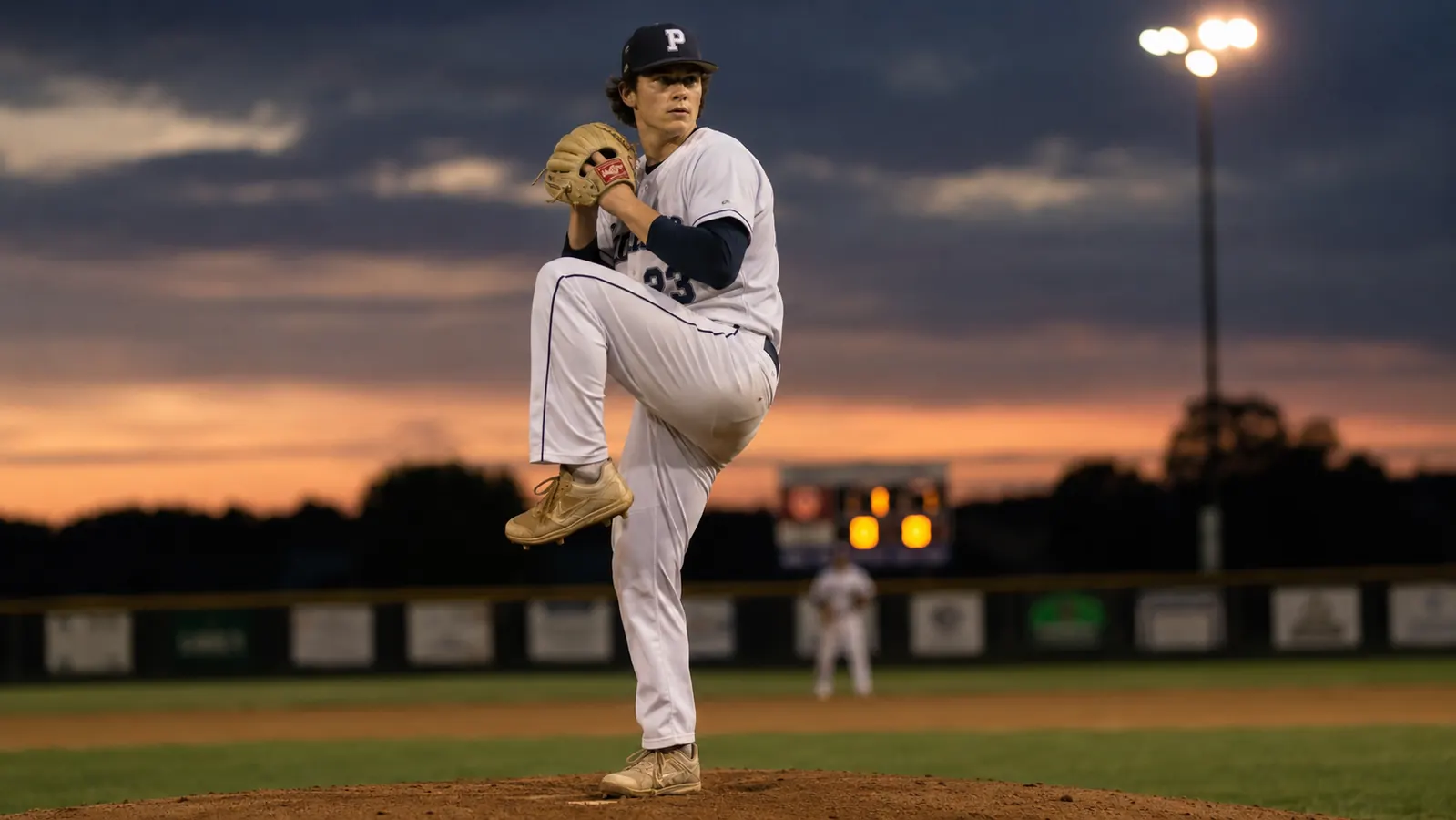 Teen pitcher on mound at dusk wearing an elbow compression sleeve under his jersey, winding up for a pitch