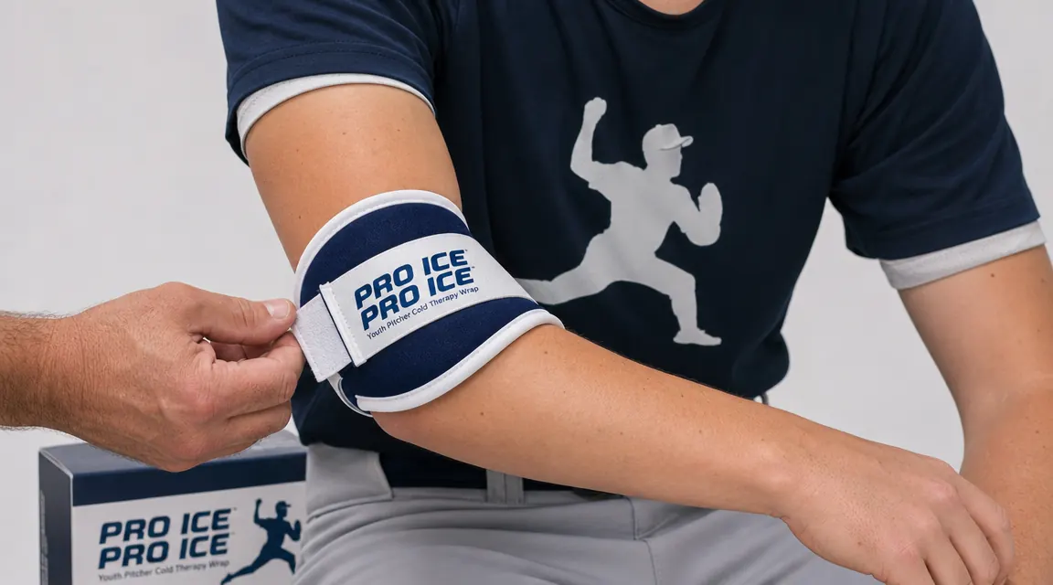 PRO ICE Youth ice therapy wrap being fastened around a teen's elbow by an adult hand
