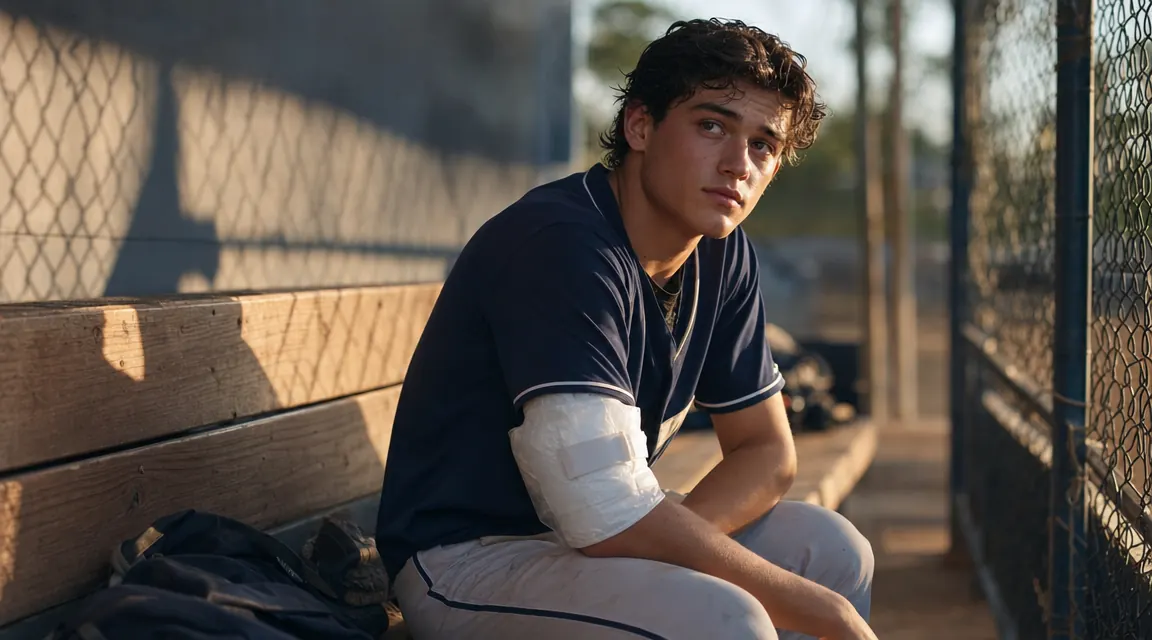 Teen baseball pitcher sitting in dugout with an ice wrap on his elbow after a game, looking tired but calm