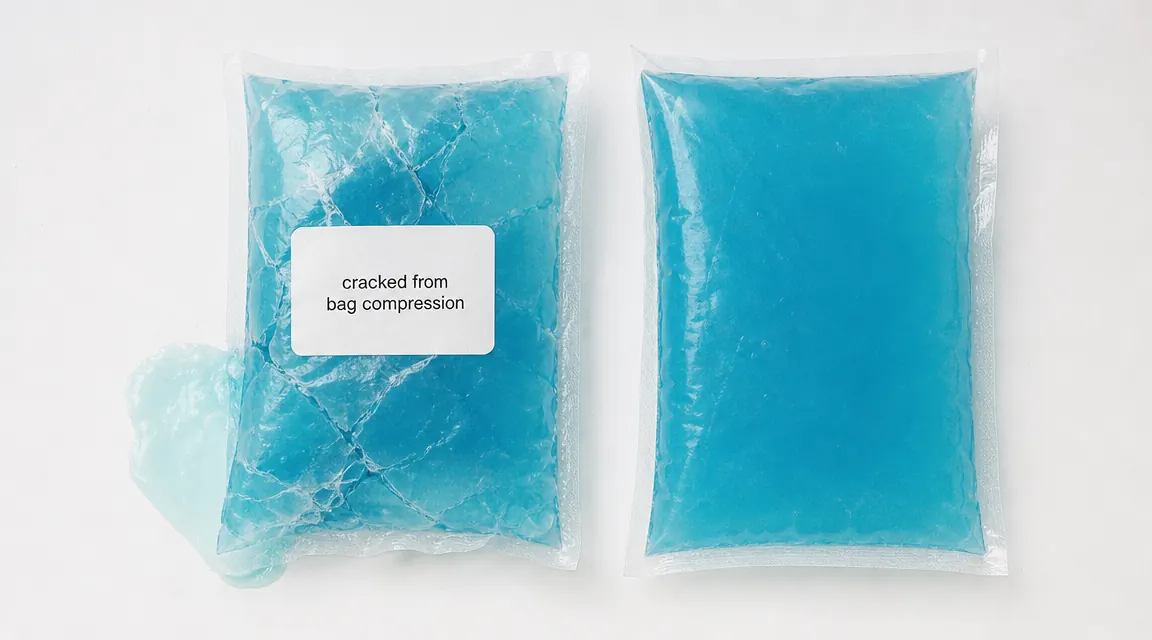 Cracked gel ice pack next to intact replacement pack, illustrating the durability issue
