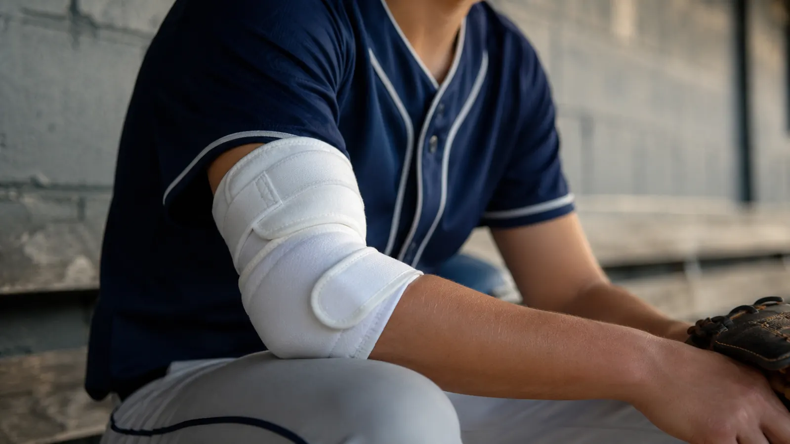 Close-up of the PRO ICE Youth ice therapy wrap on a teen pitcher's elbow at a baseball field, velcro straps visible